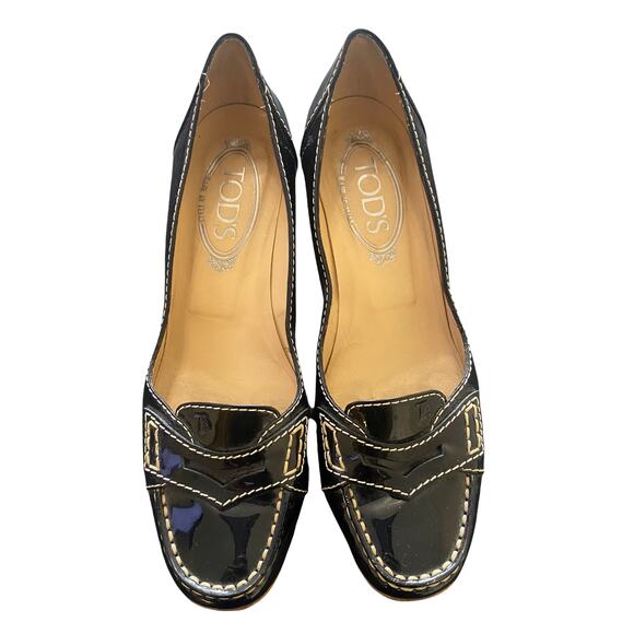 Tod's Shoes - Tod's Women's Black Patent Leather Academia Kitten Heel Penny Loafer Size 6